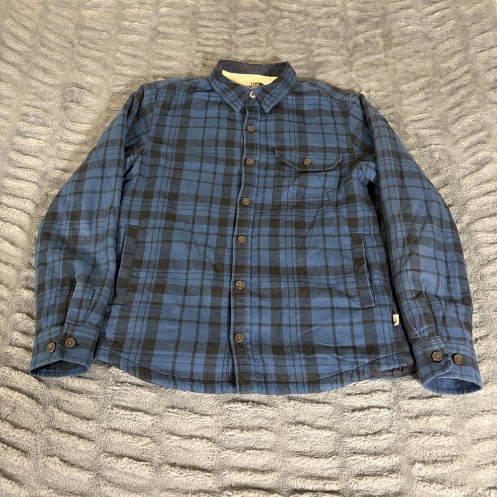 The North Face Mens Small Blue Plaid Sherpa Lined Flannel Shirt Jacket AR024